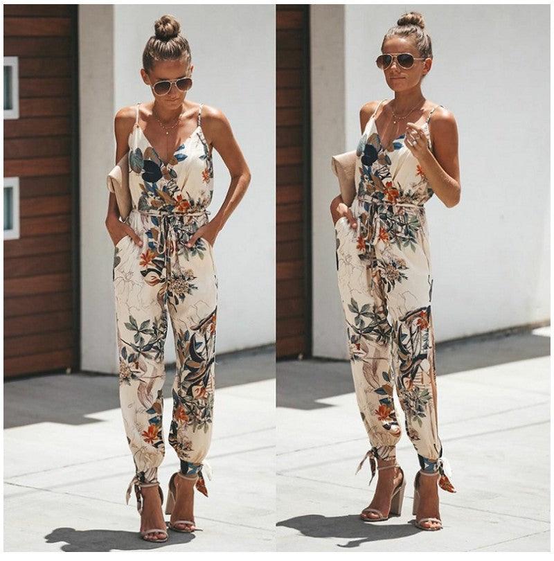 Women's Jumpsuit Flowers Print Spaghetti Strap Romper - Amazitshop