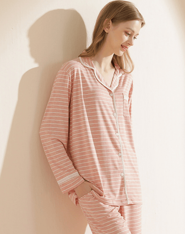 Women's Knit Casual Striped Modal Cardigan Can Be Worn Outside Long - sleeved Trousers Pajamas Home Wear - Amazitshop