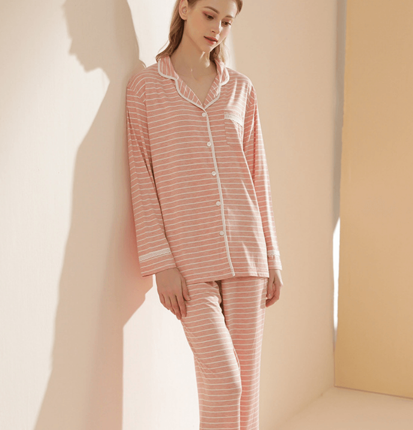 Women's Knit Casual Striped Modal Cardigan Can Be Worn Outside Long - sleeved Trousers Pajamas Home Wear - Amazitshop