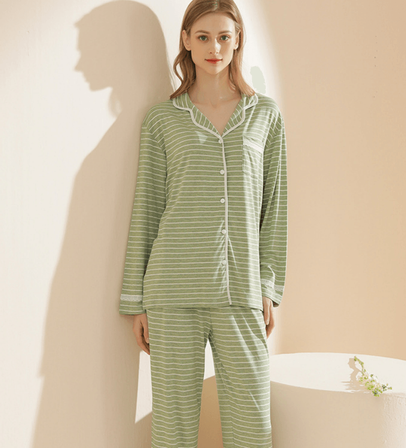 Women's Knit Casual Striped Modal Cardigan Can Be Worn Outside Long - sleeved Trousers Pajamas Home Wear - Amazitshop