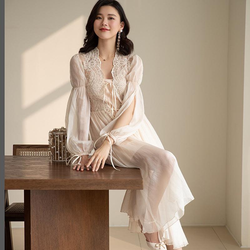 Women's Lace Long Tail Cardigan Nightgown Dress - Amazitshop