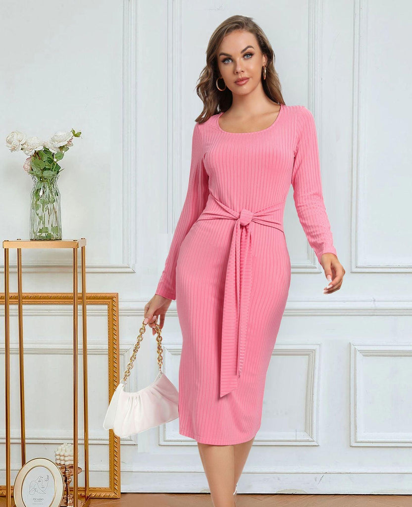 Women's Long Sleeve Tie Split Pit Stripe Midi Dresses - Amazitshop
