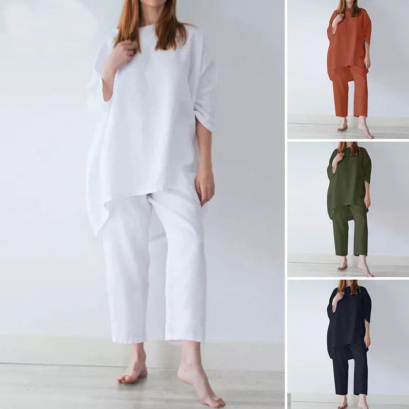 Women's Loose Fitting Fashion Casual Cotton And Linen Two Sets - Amazitshop