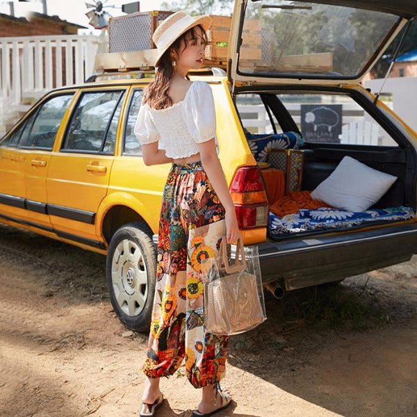 Women's Loose Retro Print Beach Pants - Amazitshop