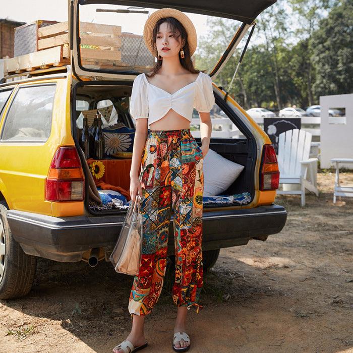 Women's Loose Retro Print Beach Pants - Amazitshop