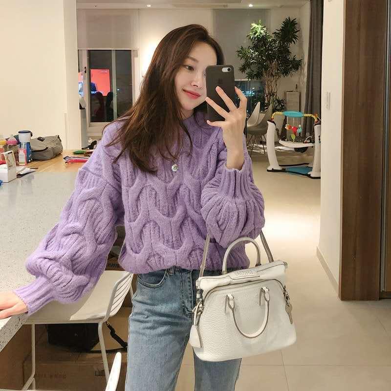 Women's Loose Round Neck Cable - knit Sweater - Amazitshop