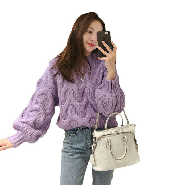 Women's Loose Round Neck Cable - knit Sweater - Amazitshop