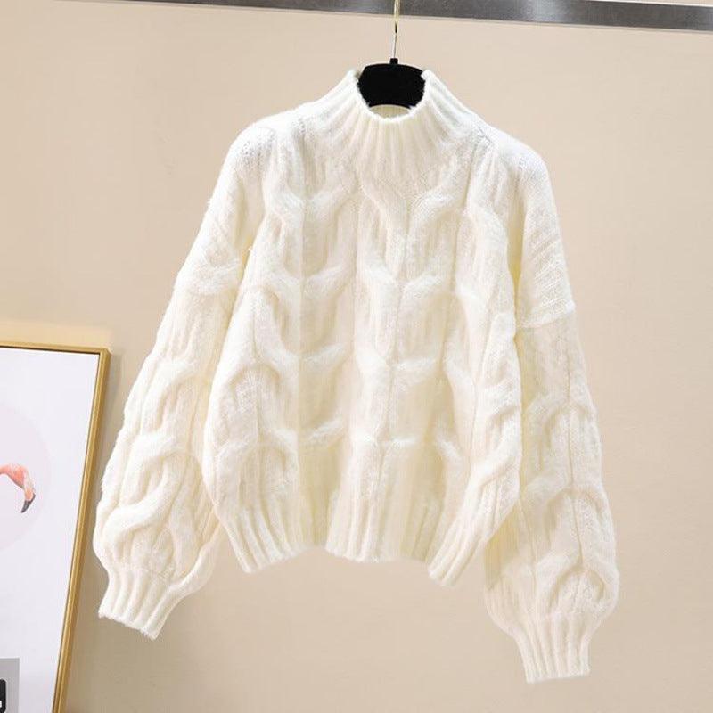 Women's Loose Round Neck Cable - knit Sweater - Amazitshop