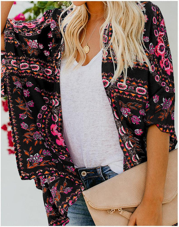 Women's Mid Length Cardigan Long Sleeve Printed Kimono Blouse Thin Sun Protection - Amazitshop