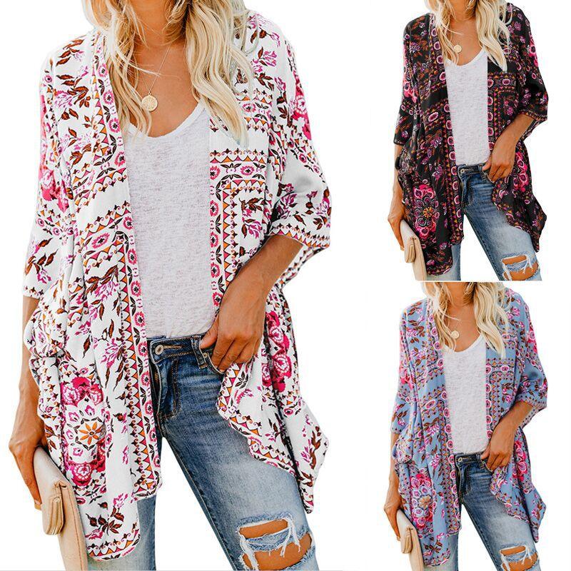Women's Mid Length Cardigan Long Sleeve Printed Kimono Blouse Thin Sun Protection - Amazitshop