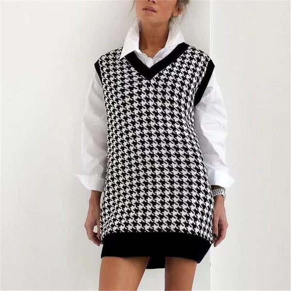 Women's Mid - length Sweater Loose Houndstooth V - neck Knit Sweater Vest Women - Amazitshop