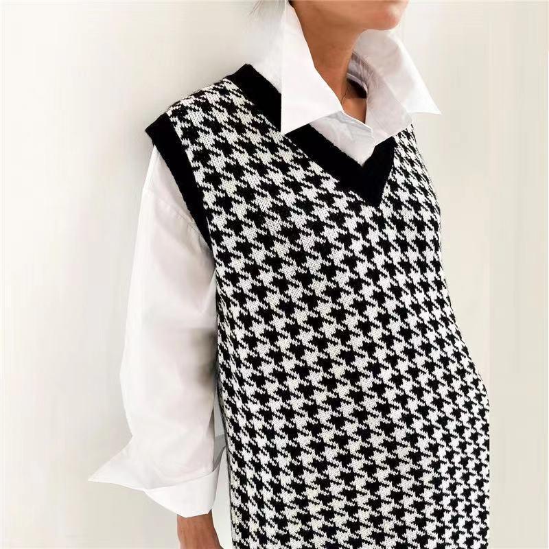 Women's Mid - length Sweater Loose Houndstooth V - neck Knit Sweater Vest Women - Amazitshop