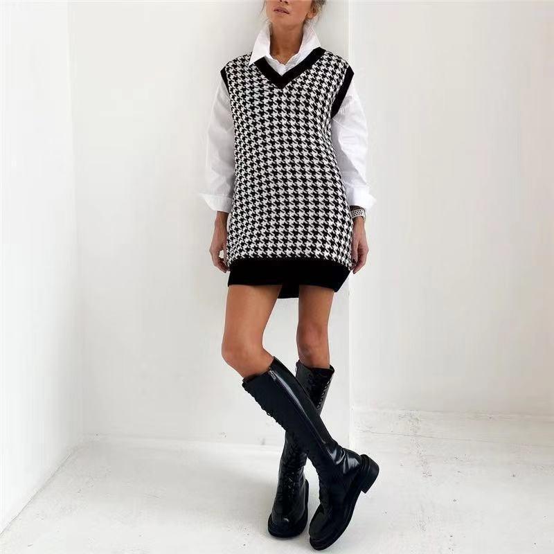 Women's Mid - length Sweater Loose Houndstooth V - neck Knit Sweater Vest Women - Amazitshop