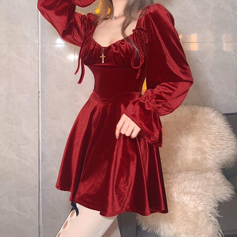 Women's New Fashion Sexy Retro Square Neck Long Sleeve Waist Slim Dress - Amazitshop