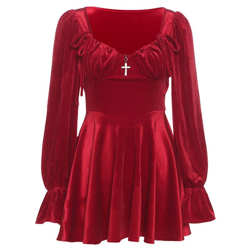 Women's New Fashion Sexy Retro Square Neck Long Sleeve Waist Slim Dress - Amazitshop