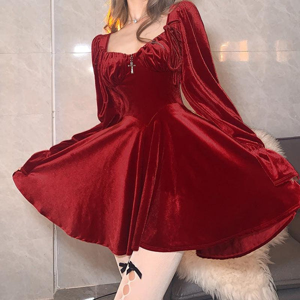 Women's New Fashion Sexy Retro Square Neck Long Sleeve Waist Slim Dress - Amazitshop