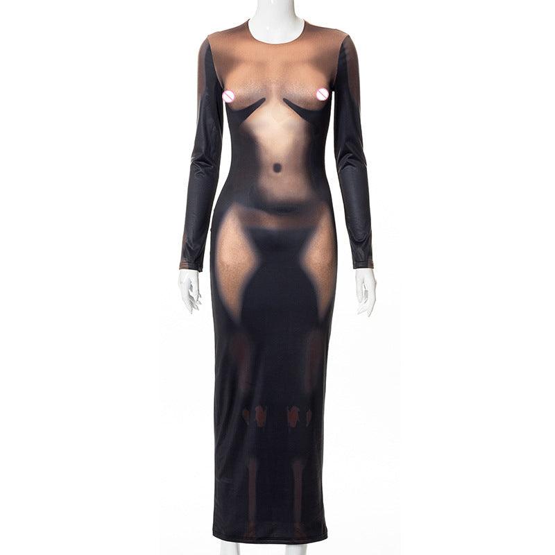 Women's New Round Neck Long Sleeve Sexy Body Print Long Dress - Amazitshop