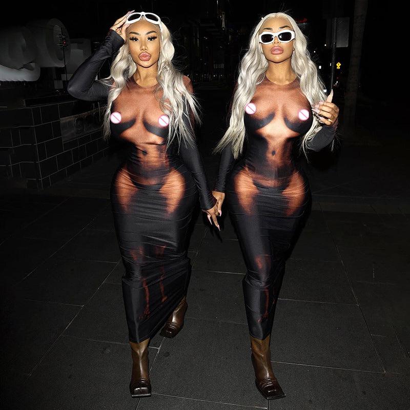 Women's New Round Neck Long Sleeve Sexy Body Print Long Dress - Amazitshop