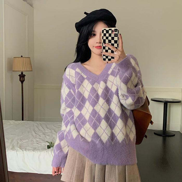 Women's Niche Top Retro Japanese V - neck Plaid Sweater - Amazitshop