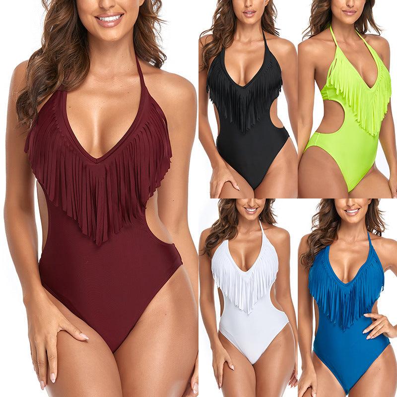 Women's One Piece Triangle One Piece Tassel Swimsuit - Amazitshop