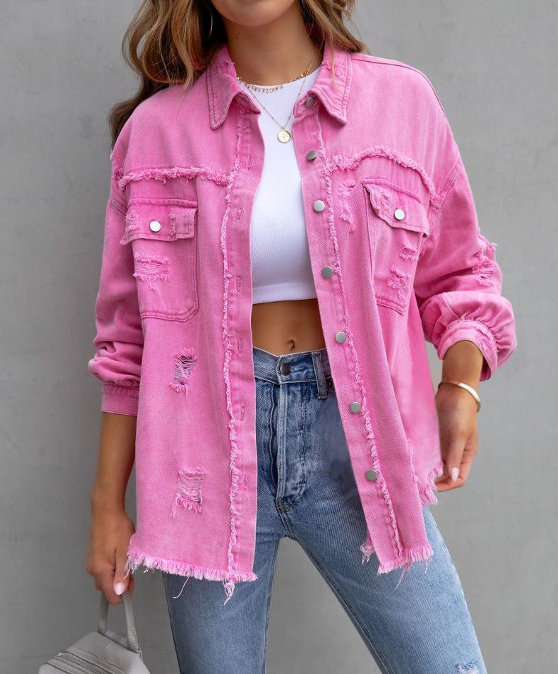 Women's Oversized Frayed Lightweight Denim Jacket Button Down Ripped Distressed Jean Shacket - Amazitshop