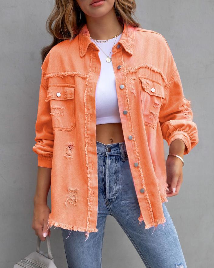 Women's Oversized Frayed Lightweight Denim Jacket Button Down Ripped Distressed Jean Shacket - Amazitshop