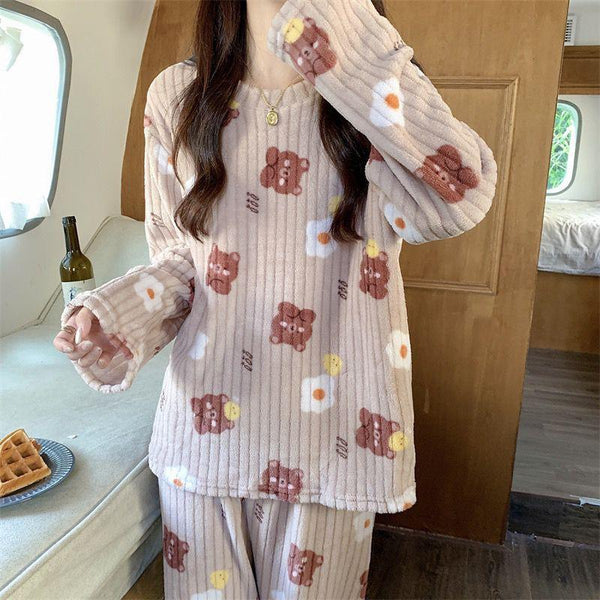 Women's Pajamas Autumn Winter Warm Pyjamas Sets Thick Coral Long Sleeve Cute Cartoon Bear Sleepwear Home Nightclothes - Amazitshop