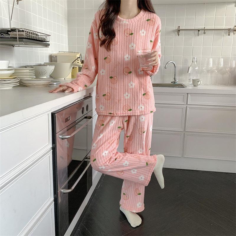 Women's Pajamas Autumn Winter Warm Pyjamas Sets Thick Coral Long Sleeve Cute Cartoon Bear Sleepwear Home Nightclothes - Amazitshop