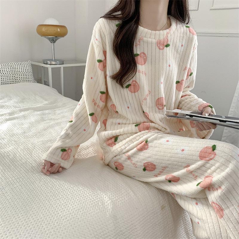 Women's Pajamas Autumn Winter Warm Pyjamas Sets Thick Coral Long Sleeve Cute Cartoon Bear Sleepwear Home Nightclothes - Amazitshop