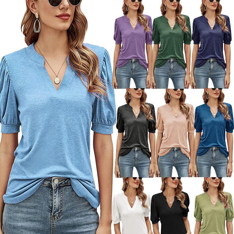 Women's Pleated Puff Sleeve Tops Summer V Neck T Shirts Casual Loose Blouses - Amazitshop