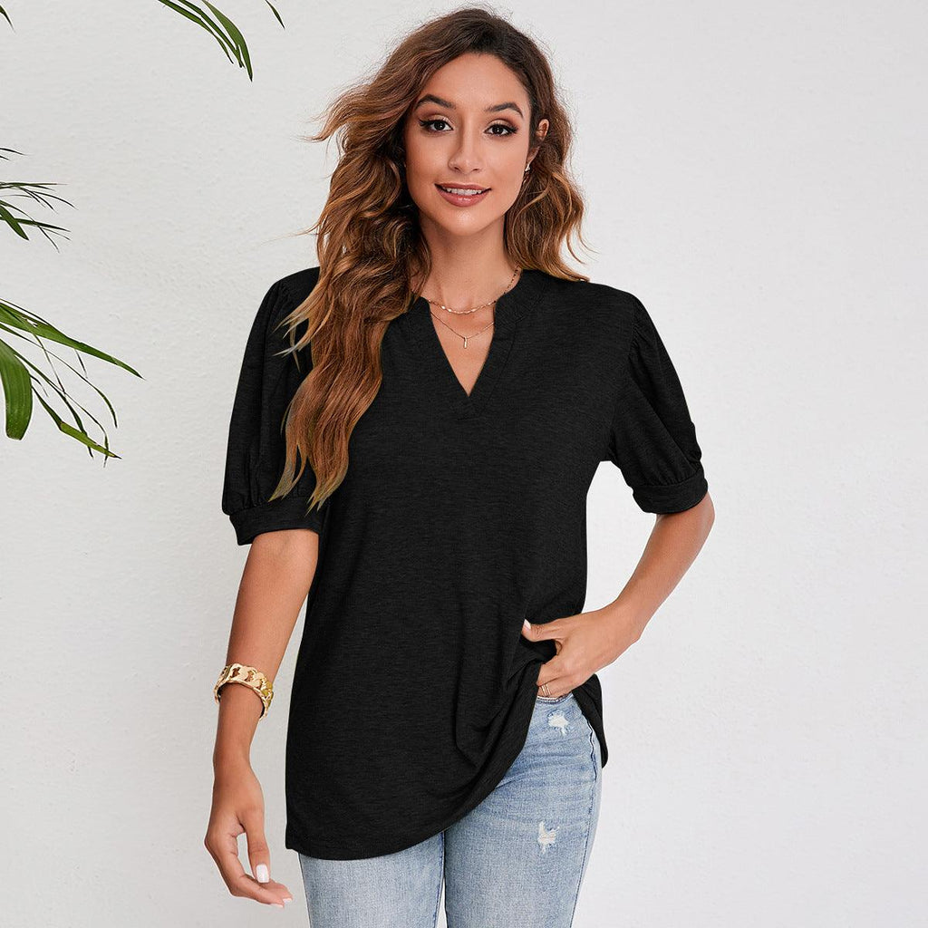Women's Pleated Puff Sleeve Tops Summer V Neck T Shirts Casual Loose Blouses - Amazitshop