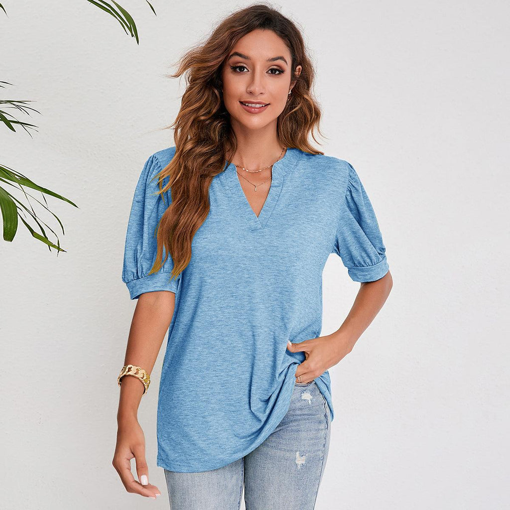 Women's Pleated Puff Sleeve Tops Summer V Neck T Shirts Casual Loose Blouses - Amazitshop