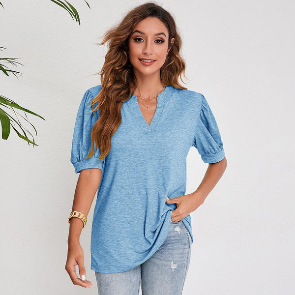 Women's Pleated Puff Sleeve Tops Summer V Neck T Shirts Casual Loose Blouses - Amazitshop
