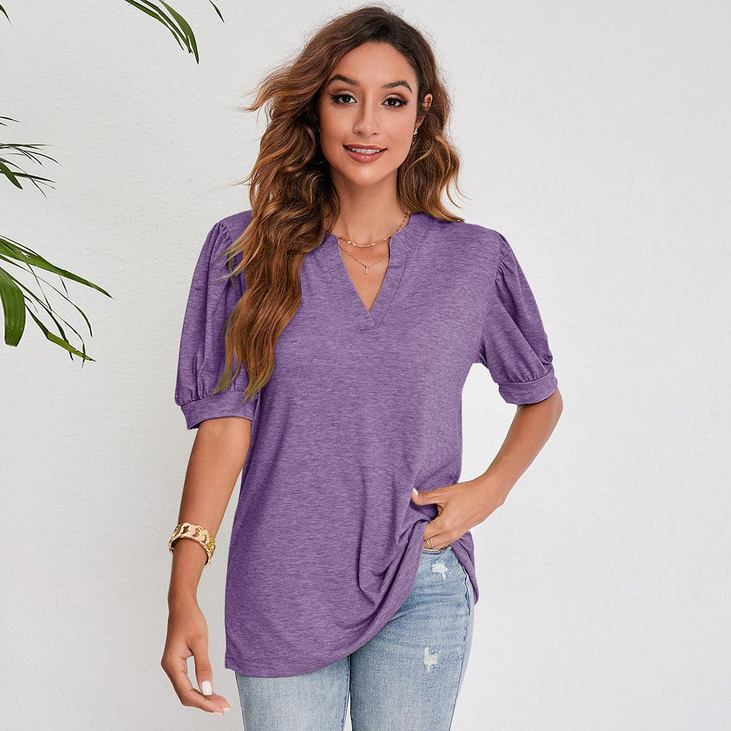 Women's Pleated Puff Sleeve Tops Summer V Neck T Shirts Casual Loose Blouses - Amazitshop
