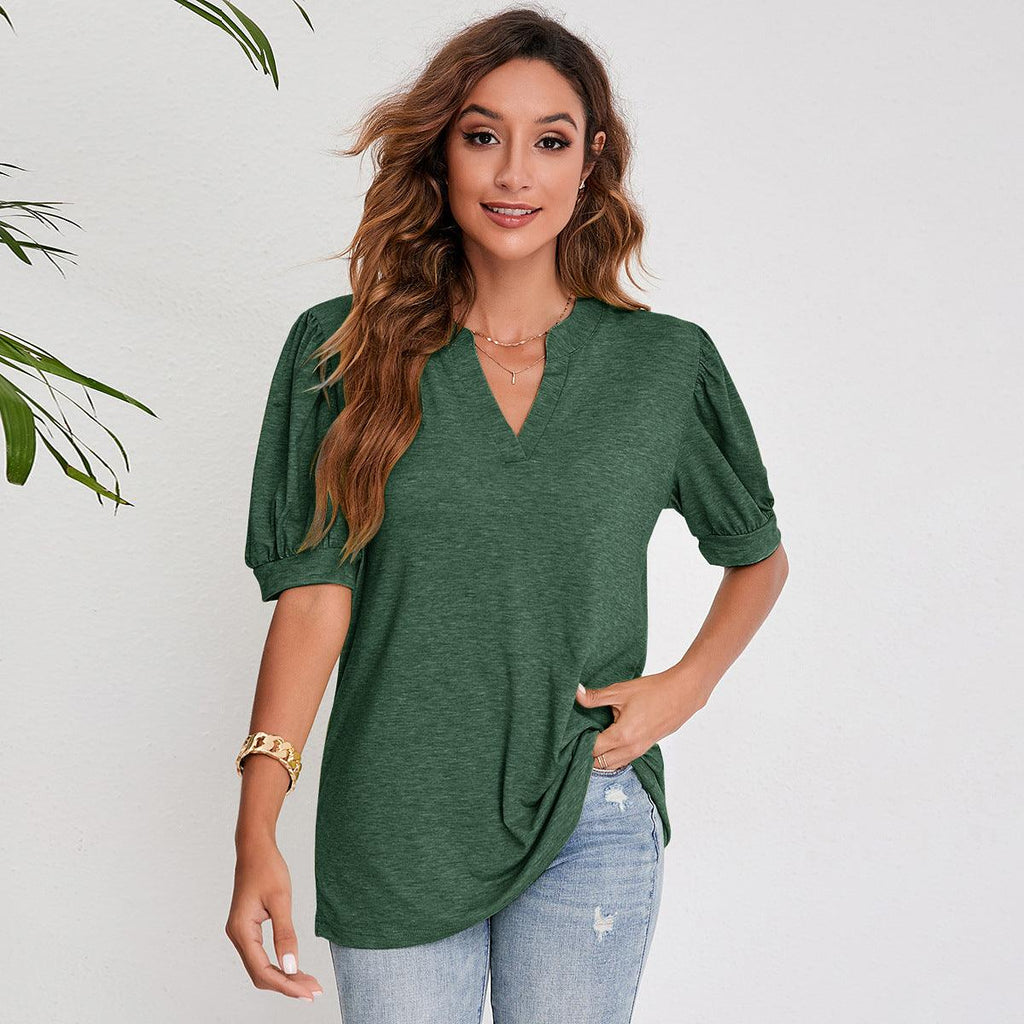 Women's Pleated Puff Sleeve Tops Summer V Neck T Shirts Casual Loose Blouses - Amazitshop