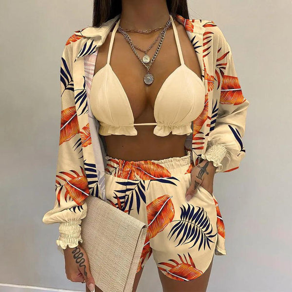 Women's Printed Beachwear Swimsuit Three Piece Set - Amazitshop