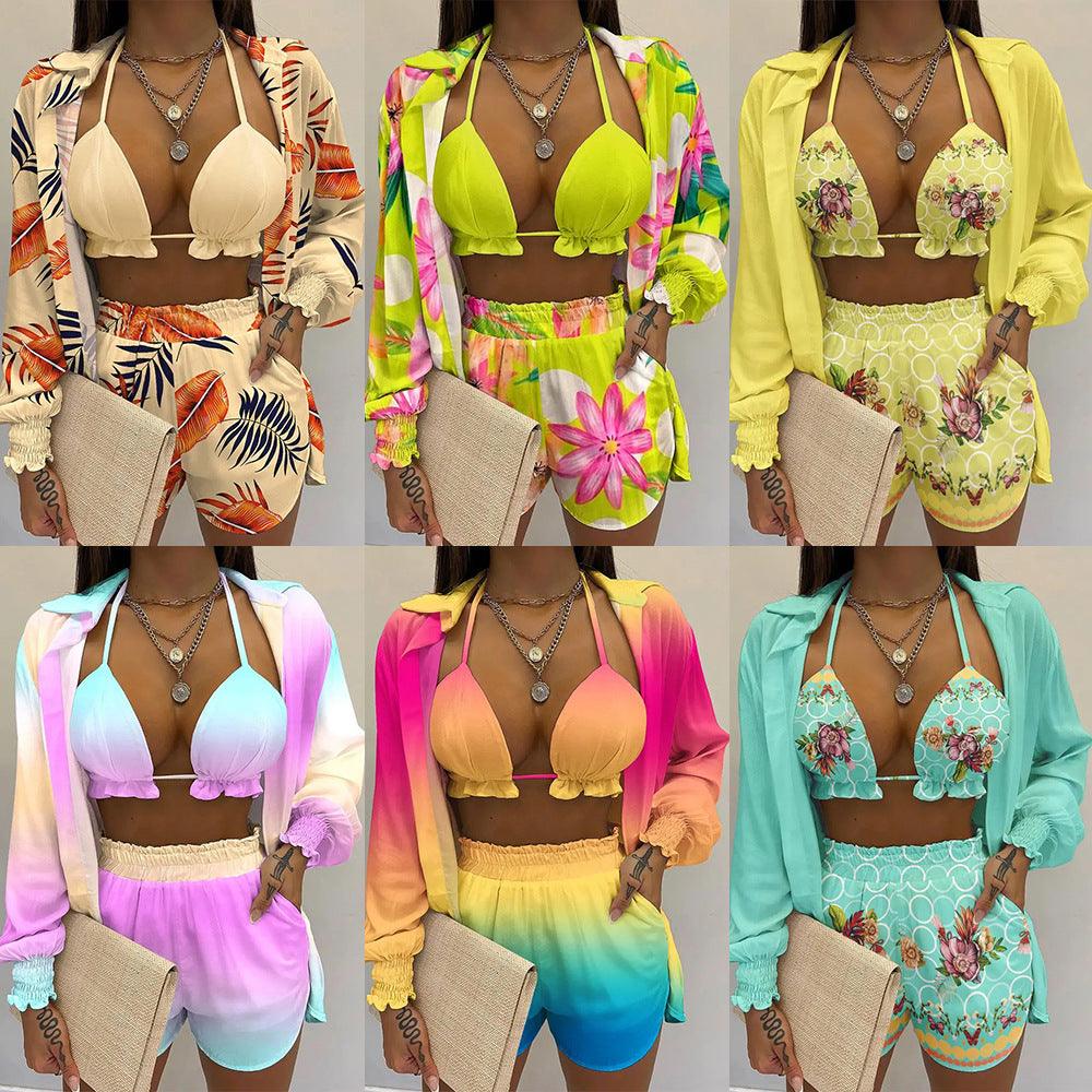 Women's Printed Beachwear Swimsuit Three Piece Set - Amazitshop