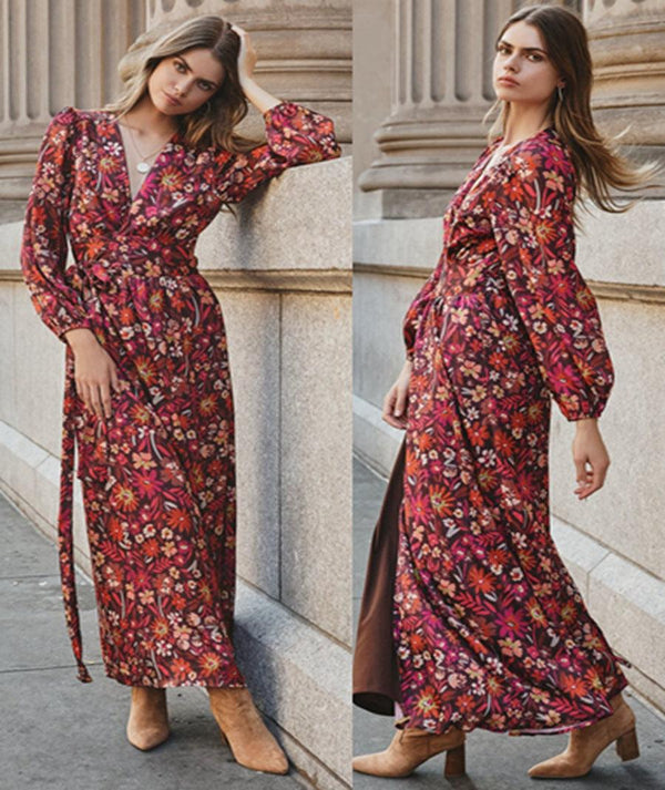Women's Printed Long Sleeve Kimono Long Dress - Amazitshop