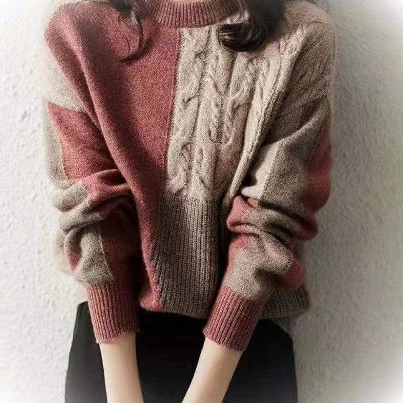 Women's Retro Fried Dough Twists Color Matching Round Neck Sweater - Amazitshop