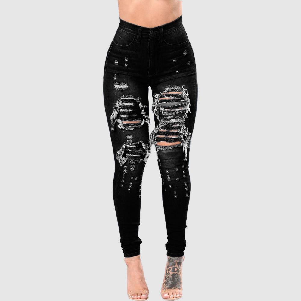 Women's Ripped Denim Washed Denim Pants - Amazitshop
