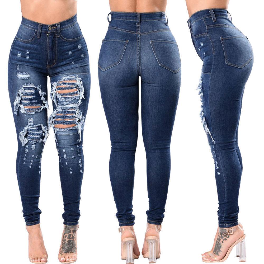 Women's Ripped Denim Washed Denim Pants - Amazitshop