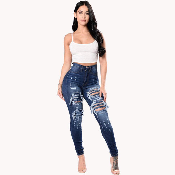 Women's Ripped Denim Washed Denim Pants - Amazitshop