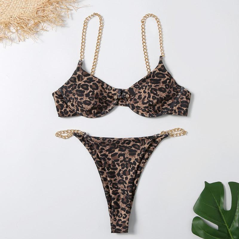 Women's Sexy Split Chain Solid Color Halter Strap Bikini Swimsuit Two Piece Swimwear Beachwear - Amazitshop