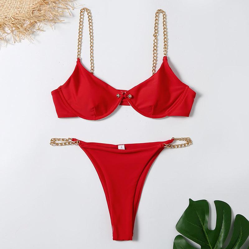 Women's Sexy Split Chain Solid Color Halter Strap Bikini Swimsuit Two Piece Swimwear Beachwear - Amazitshop