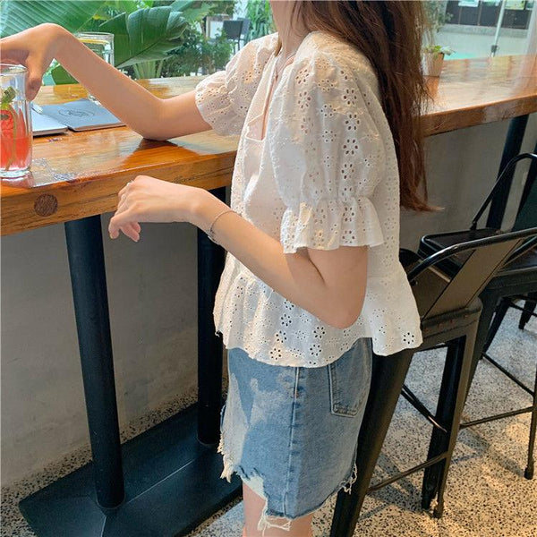 Women's shoulder chiffon shirt top - Amazitshop