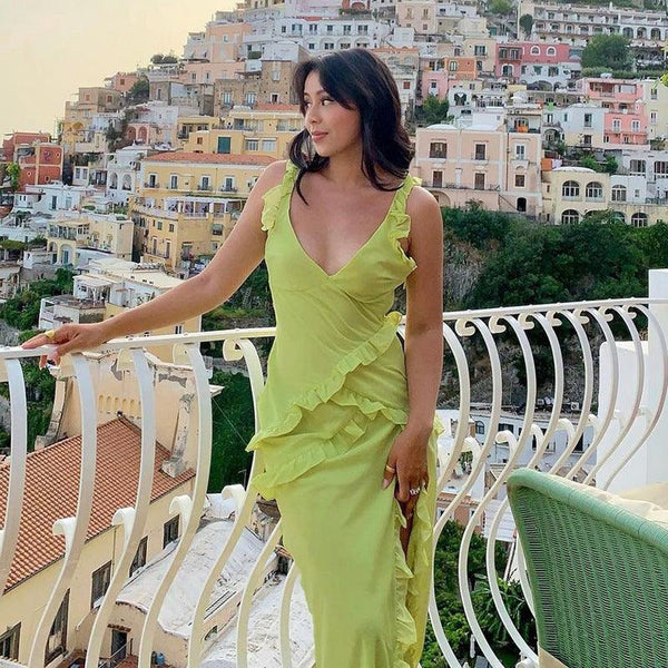 Women's Shrinking Pleated Fluttering Straps V - Neck Dresses Crowd Design Irregular Long Dresses - Amazitshop