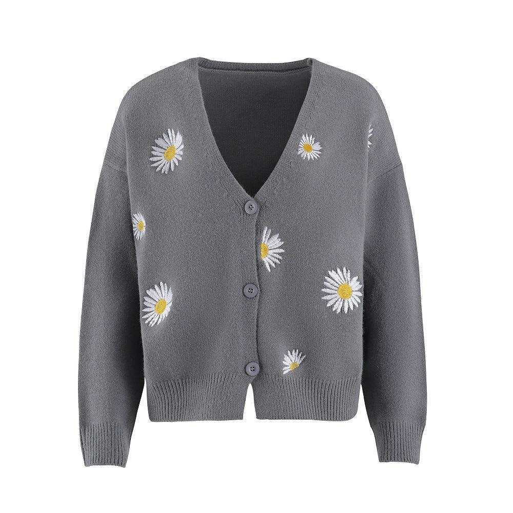 Women's Single Breasted Sweater Chrysanthemum Embroidered Cardigans Coat Clothes - Amazitshop