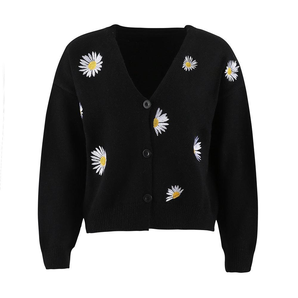 Women's Single Breasted Sweater Chrysanthemum Embroidered Cardigans Coat Clothes - Amazitshop