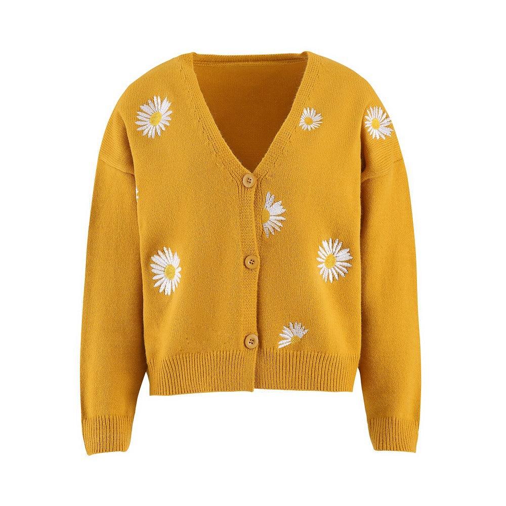 Women's Single Breasted Sweater Chrysanthemum Embroidered Cardigans Coat Clothes - Amazitshop