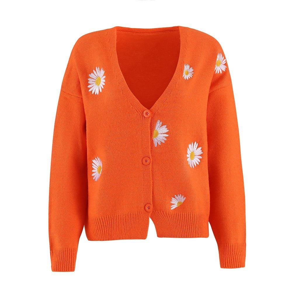 Women's Single Breasted Sweater Chrysanthemum Embroidered Cardigans Coat Clothes - Amazitshop
